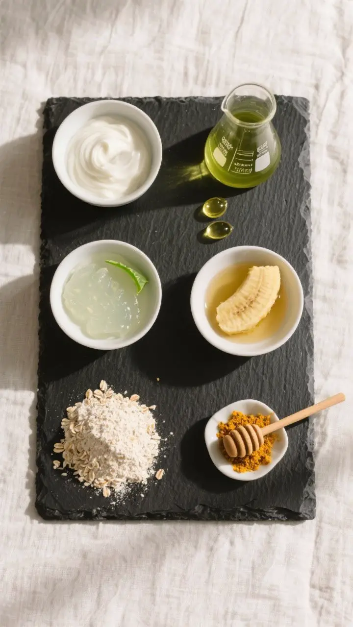 Ingredients flat lay: High-contrast top-down composition showcasing build-your-own mask options—sm