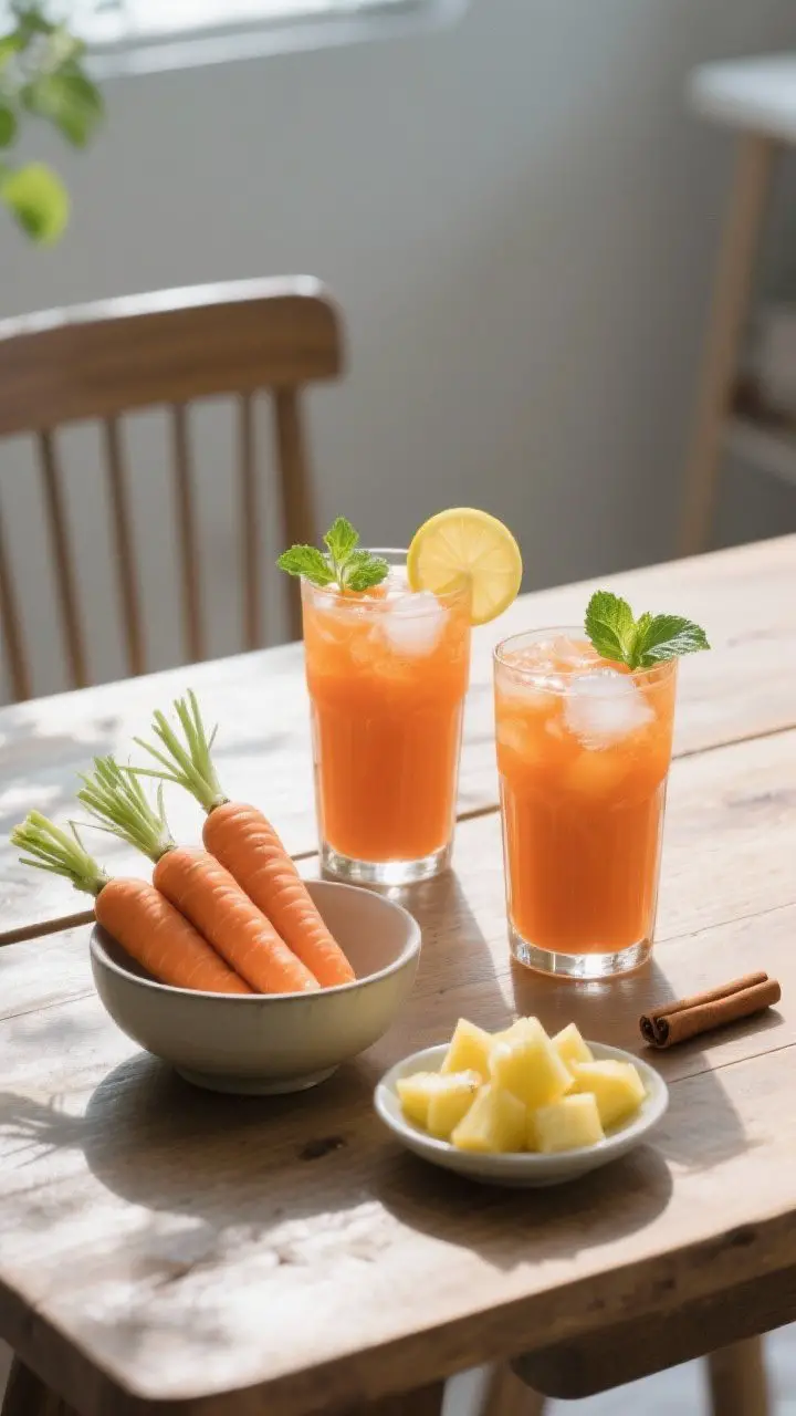 Lifestyle composition: Two tall glasses of carrot juice over ice on a wooden table, garnished subtly