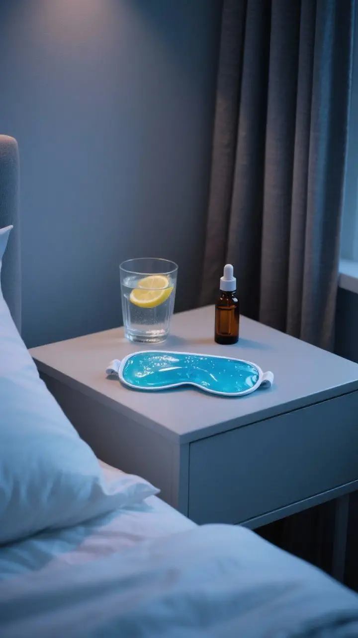 Lifestyle shot: Calm bedside setup for migraine relief in a dim room—cold gel eye mask folded on a