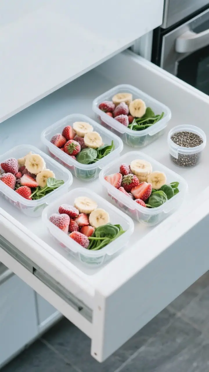 Lifestyle shot: Freezer prep scene—five open reusable containers on a freezer drawer or chilled co