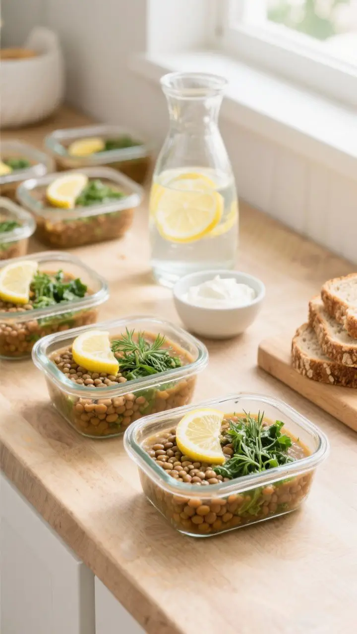 Lifestyle shot: Meal prep scene on a light wood countertop featuring multiple glass containers fille