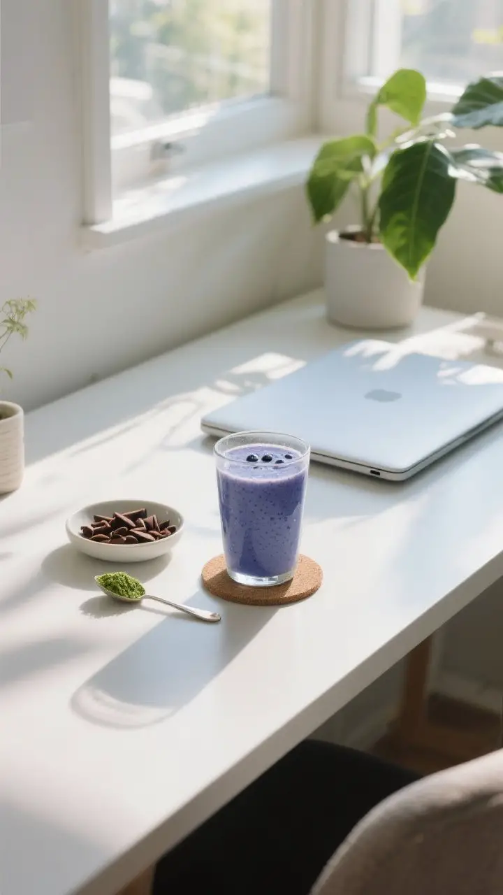 Lifestyle shot: Morning deep-work setup on a tidy desk near a sunlit window—a finished blueberry s
