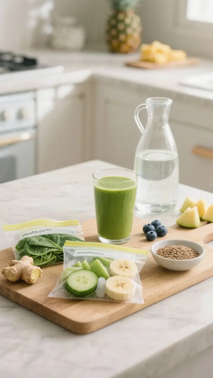 Lifestyle shot: Morning kitchen scene with two prepped “smoothie packs” in unbranded reusable fr