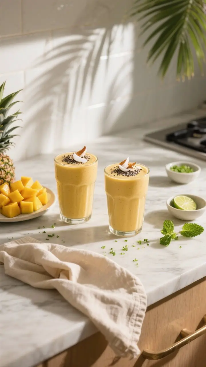 Lifestyle shot: Tropical-inspired serving scene on a sunlit kitchen island—two finished mango smoo