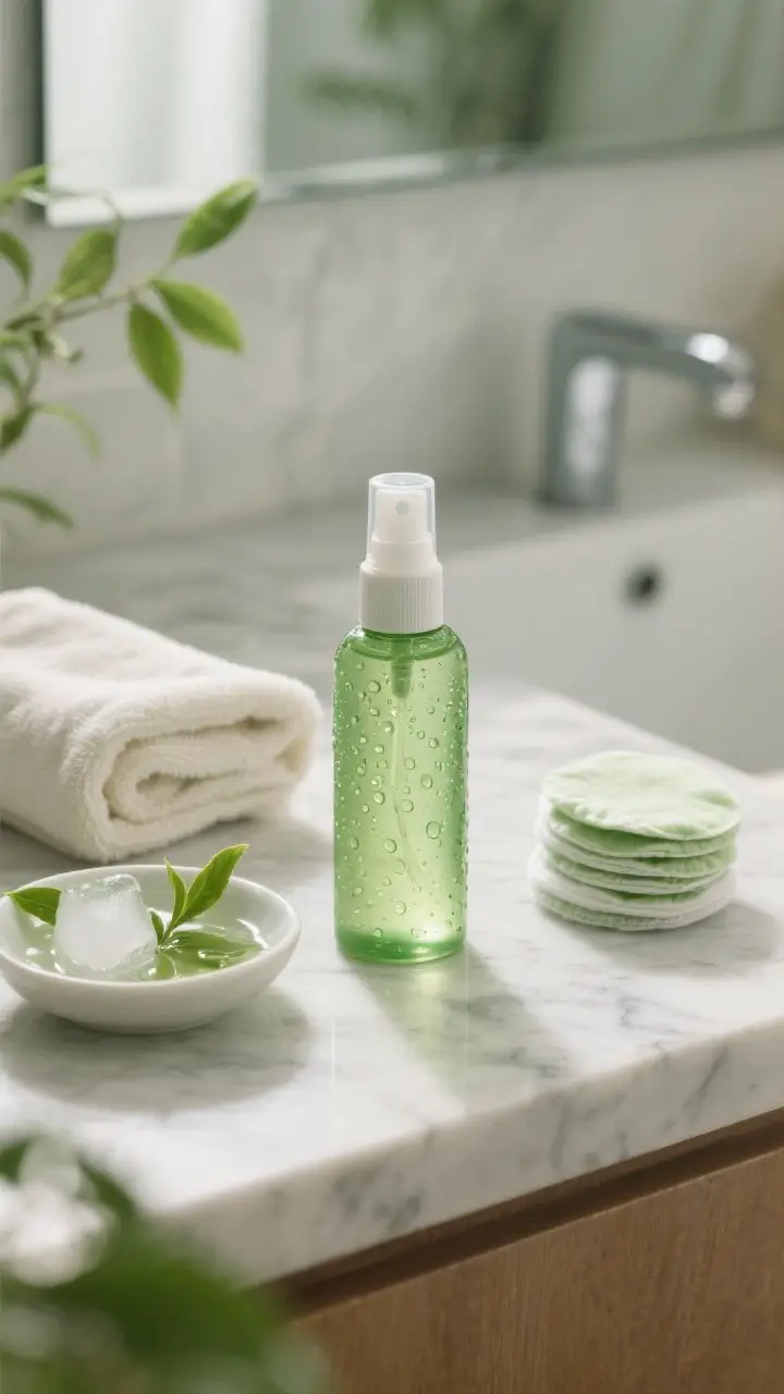 Lifestyle still-life: A finished green tea toner mist bottle with condensation beads, sitting on a m