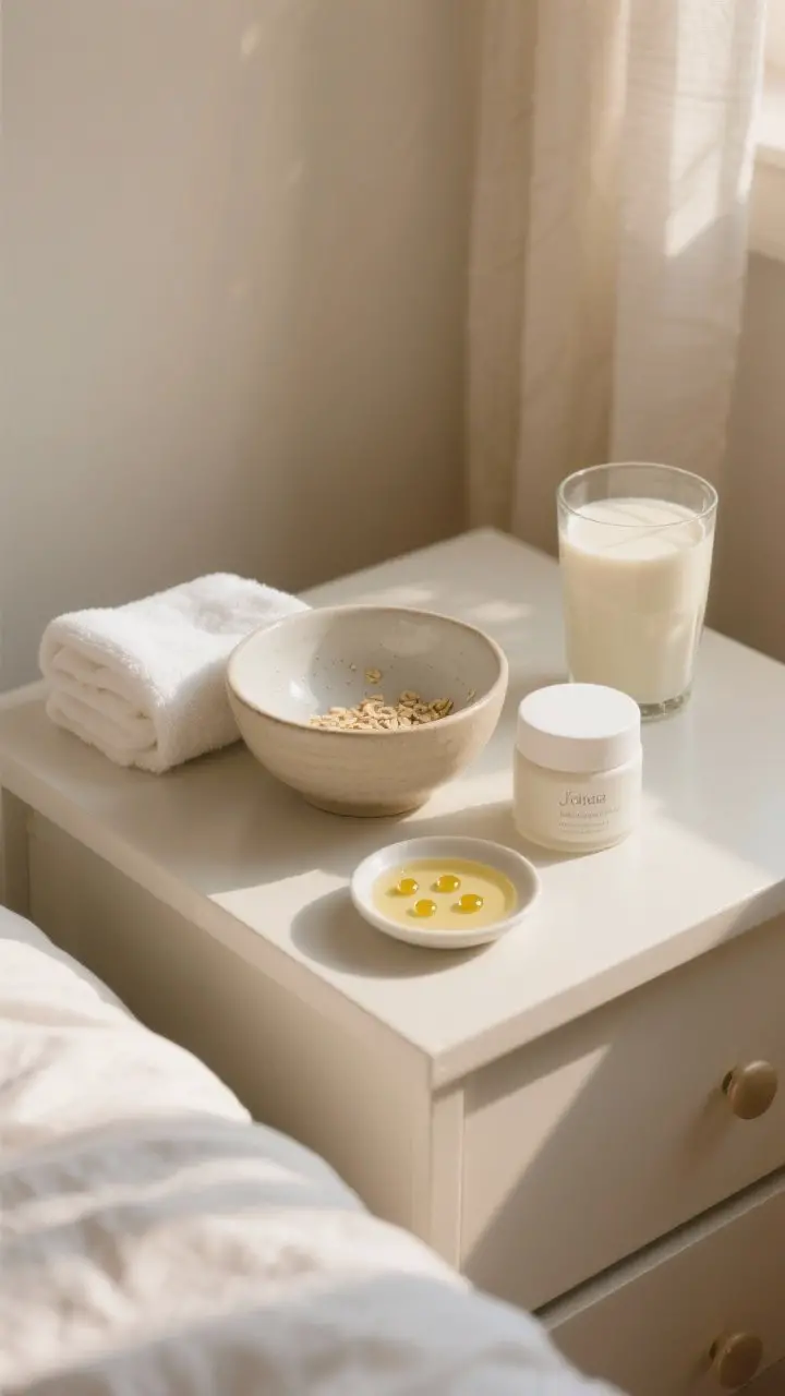 Lifestyle still life: Calm post-mask routine scene on a bedside table—freshly rinsed ceramic bowl
