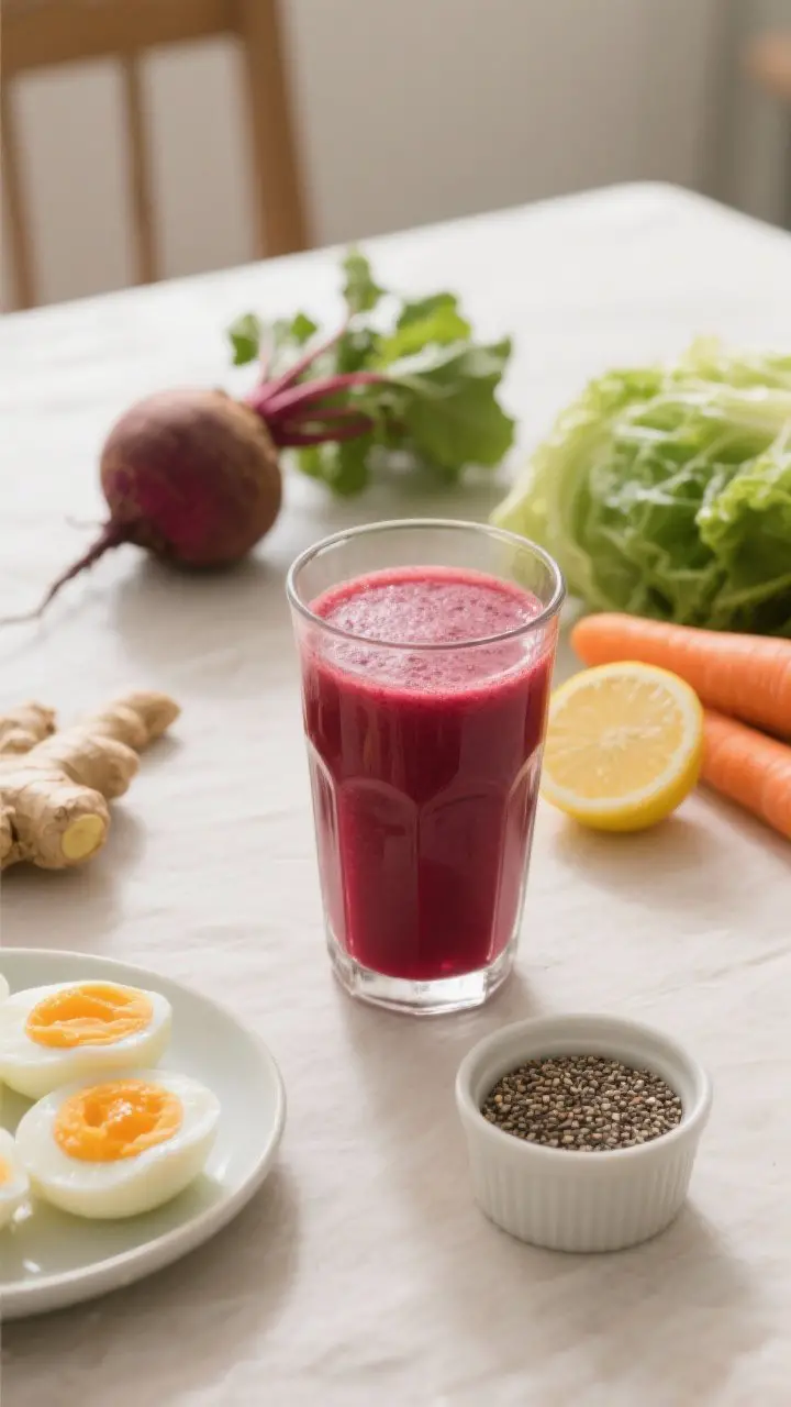 Lifestyle still life: Pre-lunch scene with an 8–10 oz beet-carrot-ginger juice in a clear tumbler