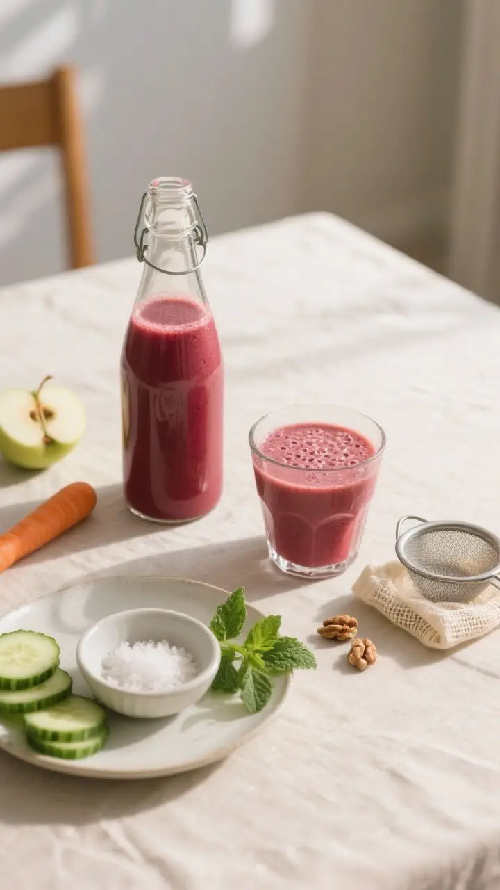 Lifestyle wide shot: Blended version on a sunlit dining table—two vessels side by side: a tall bot