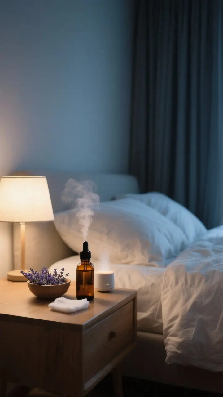 Lifestyle wide shot: Cozy bedtime scene of a neatly made bed in a dim, cool-toned bedroom with a gla