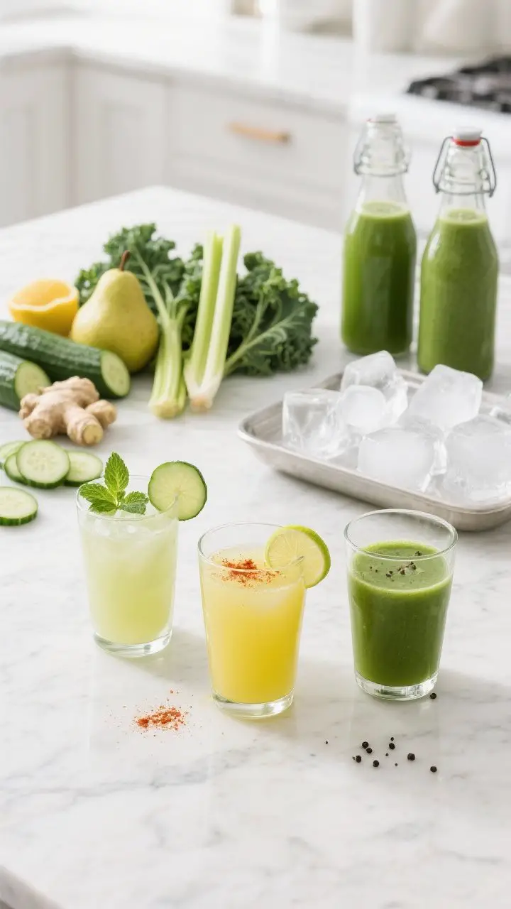 Lifestyle wide shot: Finished green juice variations styled together—three clear glasses on a whit