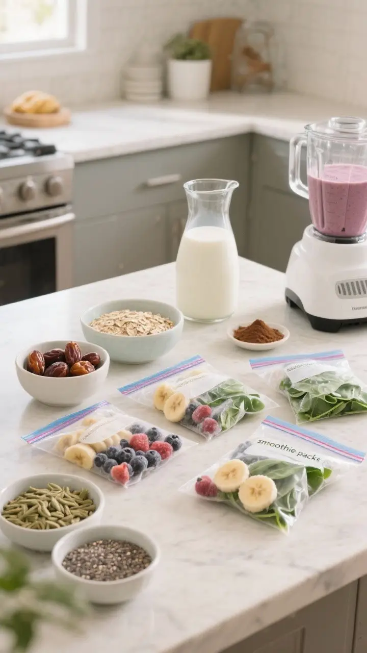 Lifestyle wide view: Meal prep scene on a tidy kitchen island—three open freezer “smoothie packs