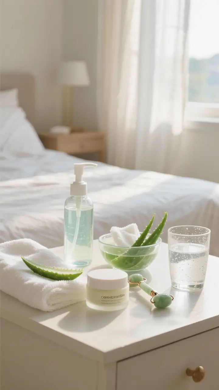 Lifestyle wide view: Sunburn care setup on a bedside table—clear aloe gel in a plain pump bottle,