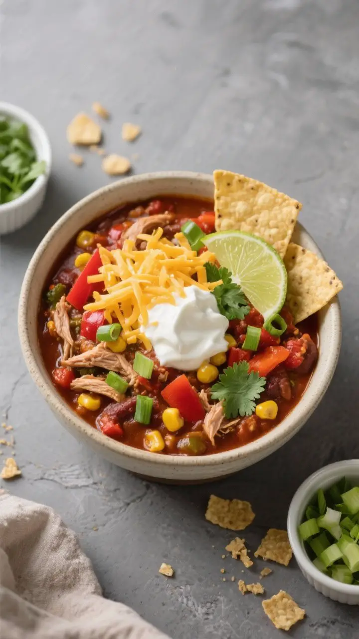 Overhead “final bowl” shot: Tasty top view of a generous bowl of Slow-Cooker Turkey Chili with C