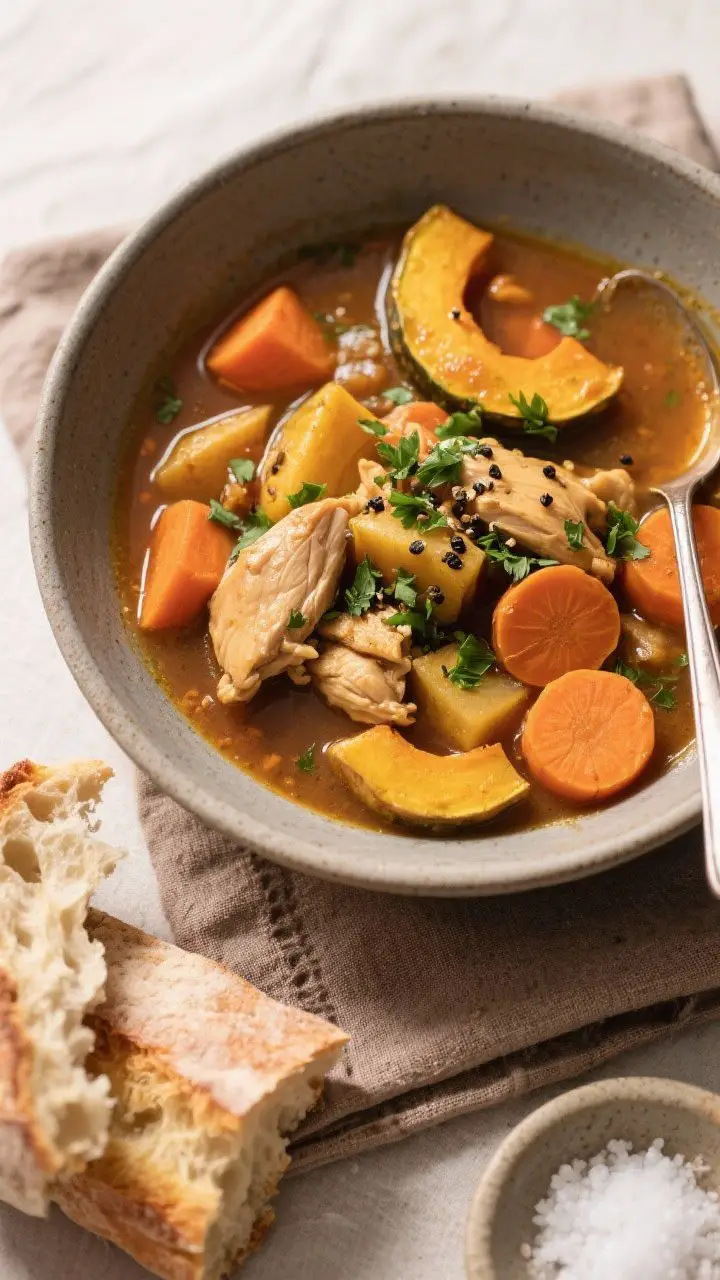 Overhead final bowl: Tasty of Harvest Chicken Stew ladled into a deep, matte stoneware bowl; vibrant