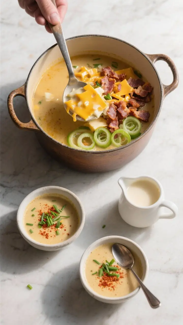 Overhead “fully loaded” top view: An top-down shot of a ladled serving in a rustic soup pot with