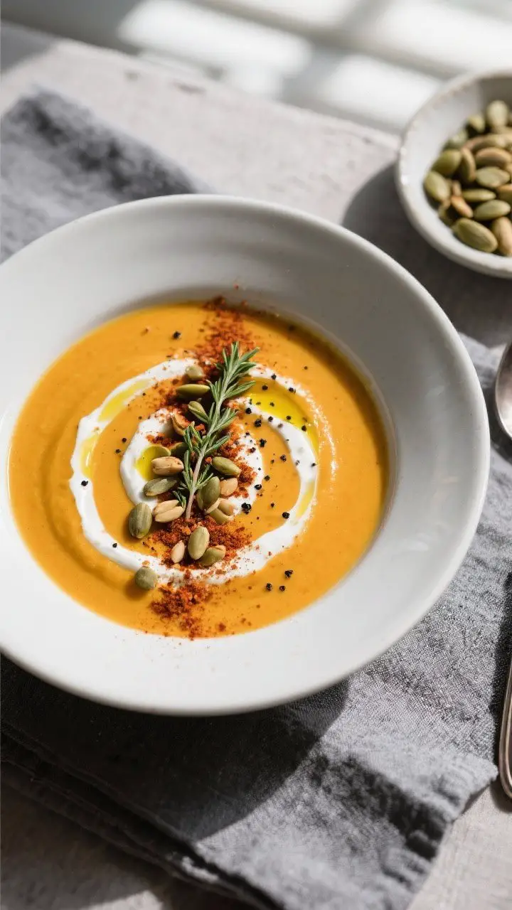 Overhead shot of the finished pumpkin cream soup in a wide, matte-white bowl: smooth, vibrant orange