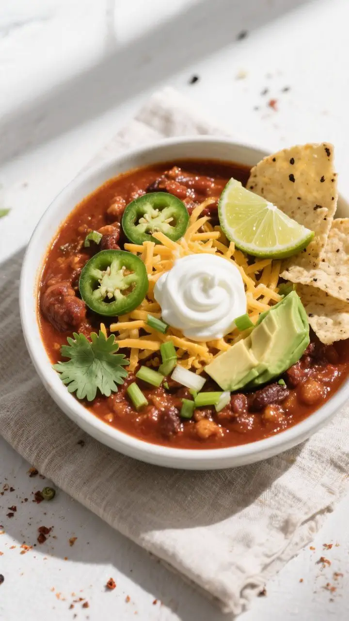 Overhead “tasty top view”: A wide, overhead shot of a finished bowl of chili styled with vibrant