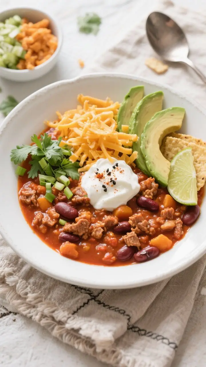 Overhead “tasty top view”: Bowl of Cozy Crockpot Pumpkin Chili in a wide white ceramic bowl on a
