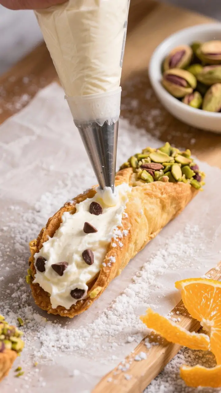 Overhead tasty top view: cannoli being filled just before serving, piping bag tip nestled in the cen