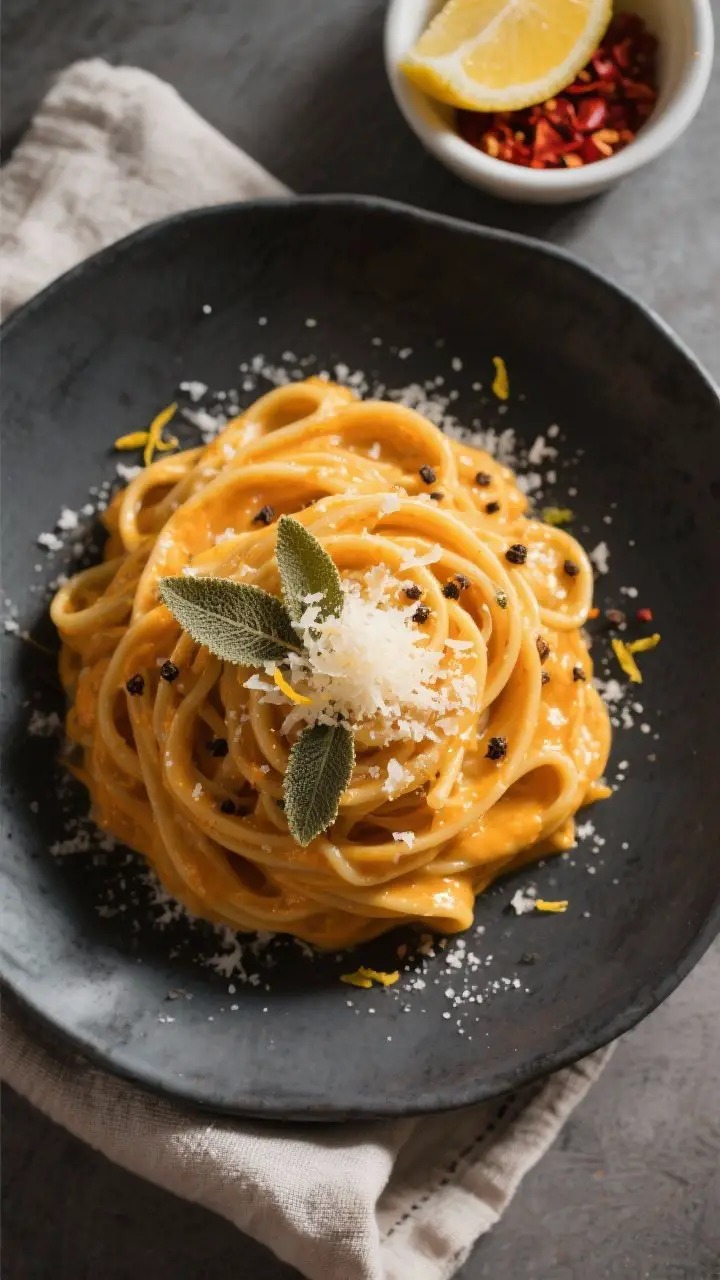 Overhead “tasty top view”: Final plated creamy pumpkin Alfredo with fettuccine twirled into a ne