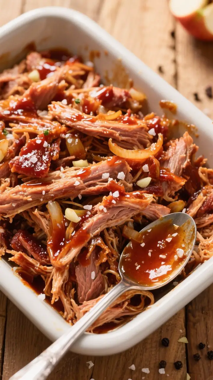 Overhead “tasty top view” of shredded apple cider pulled pork in the slow cooker after cooking a