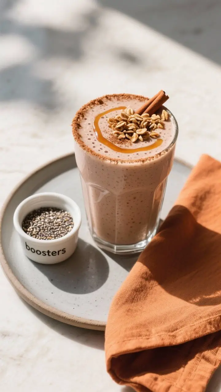 Overhead “tasty top view” of the final smoothie served as a breakfast scene: a single tall glass