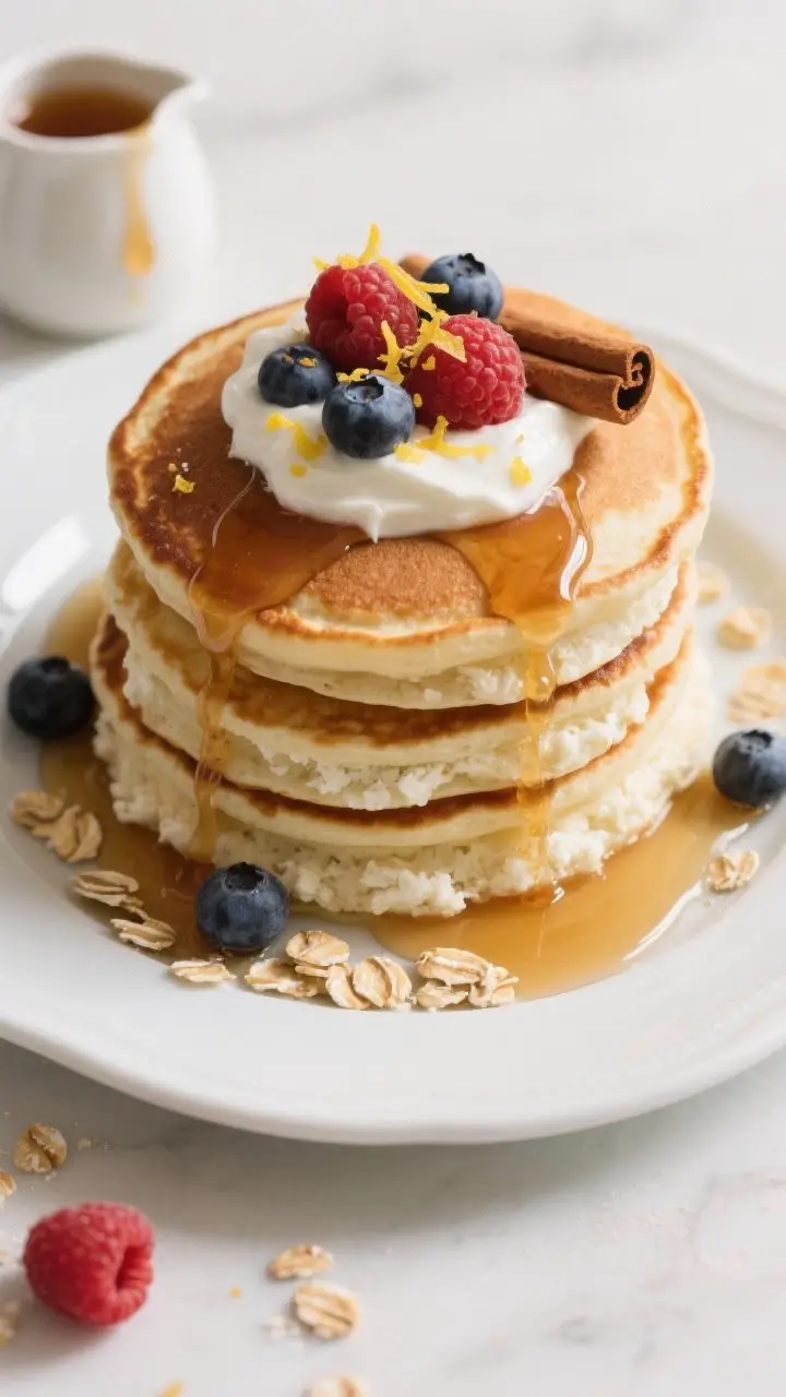 Overhead “tasty top view,” sweet presentation: Top-down shot of a neatly stacked tower of cottag