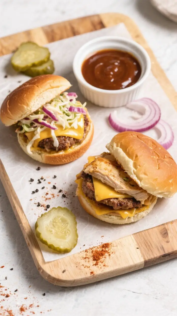 Overhead tasty top view: Top-down shot of a small burger spread—two finished burgers on a parchmen