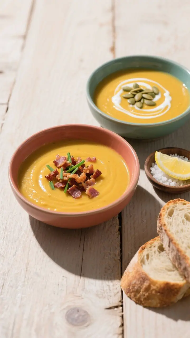 Overhead tasty top view: Top-down shot of two bowls of the finished soup in complementary colors, sh