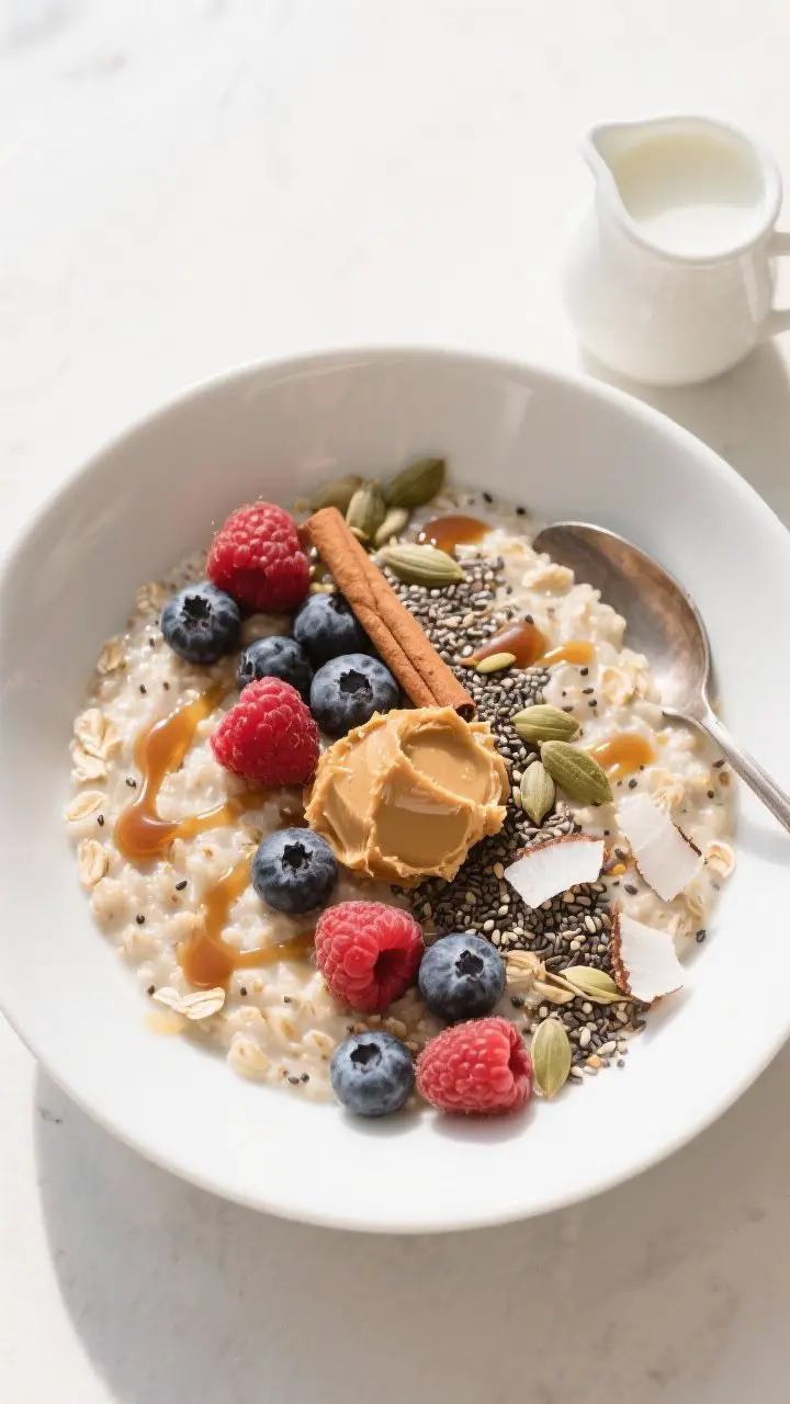 Overhead “tasty top view” — toppings and balance: Top-down shot of the finished oatmeal in a w