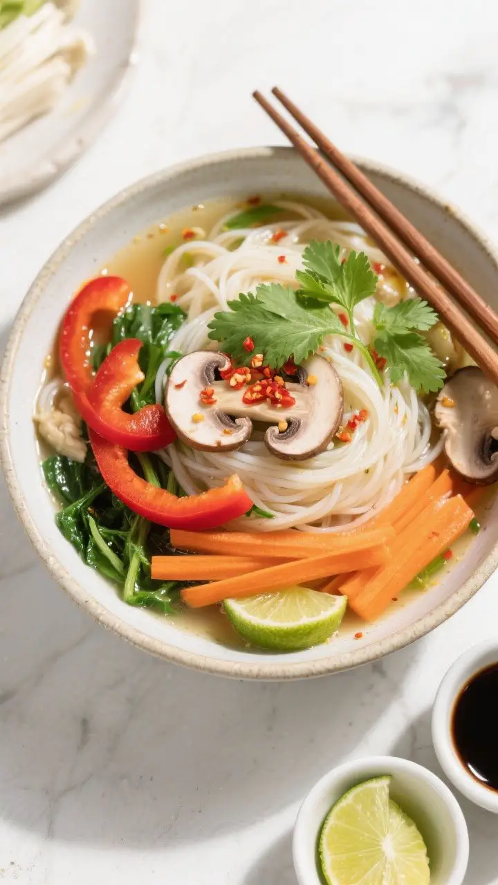 Overhead “tasty top view” with noodles: Top-down shot of the finished soup poured over a nest of