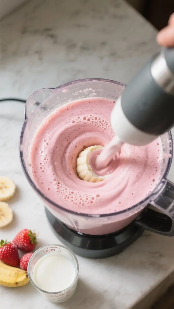 Process action: Smoothie blending stage captured mid-whirl inside a high-speed blender, showing the