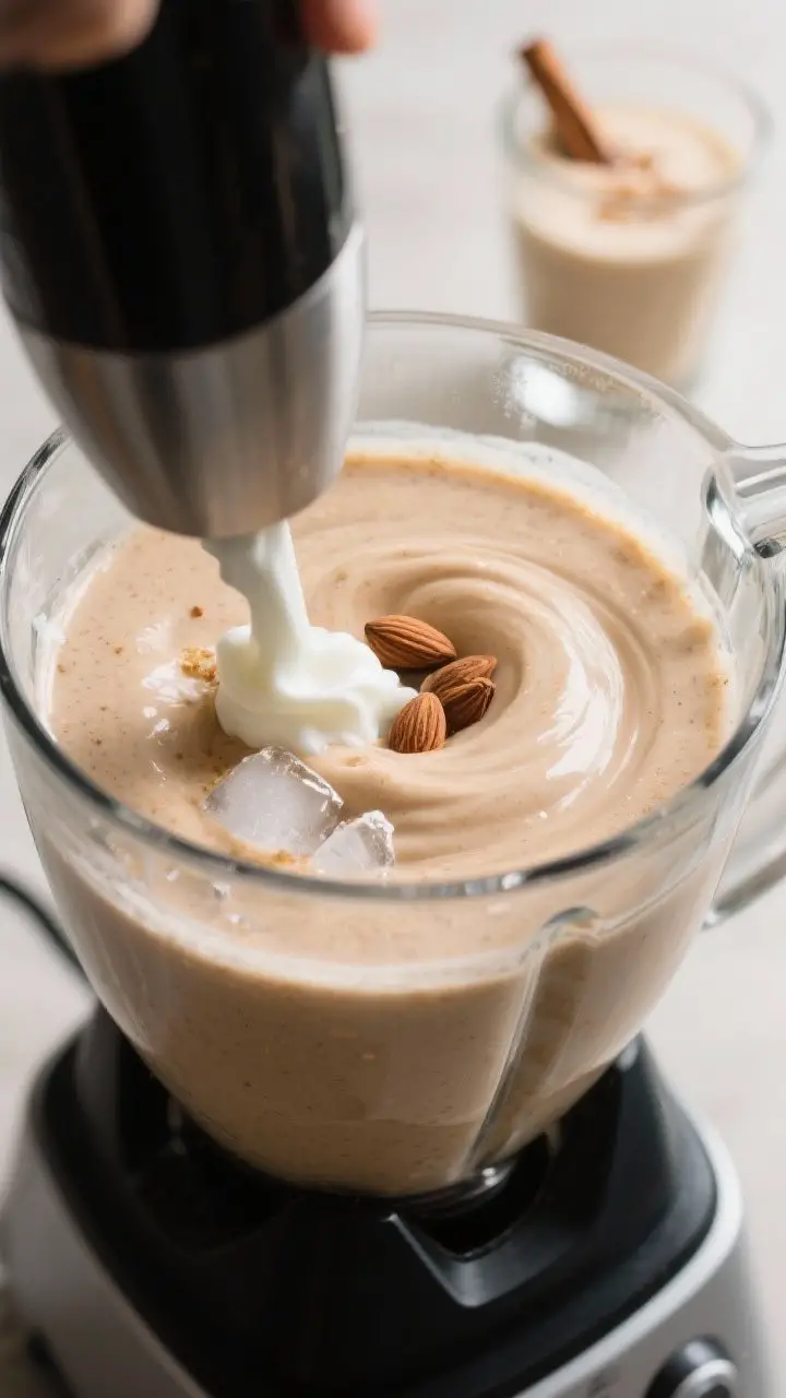 Process-in-action shot of blending: the smoothie in a high-speed blender mid-whirl, visibly smooth a