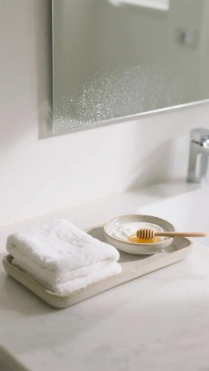 Process shot: Clean bathroom vanity scene with a folded white towel, a warm steamed washcloth draped