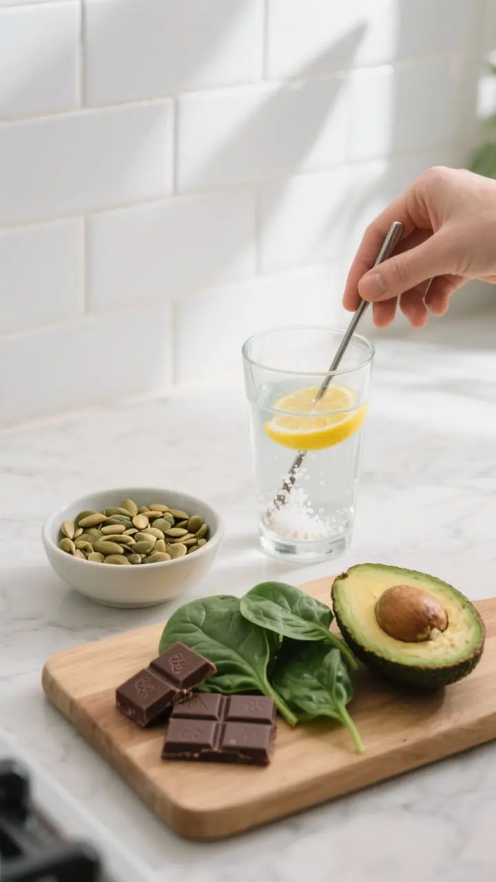Process shot: Hydration and magnesium support on a kitchen counter—12–20 oz glass of water with
