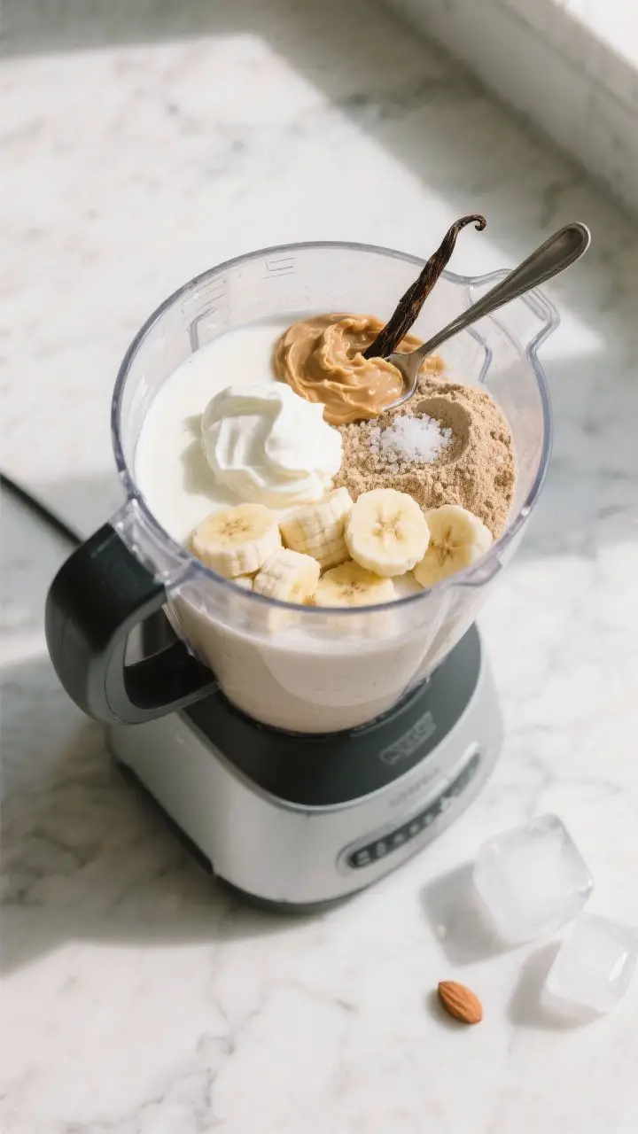 Process shot: Overhead view of a high-speed blender on a clean marble countertop with natural mornin
