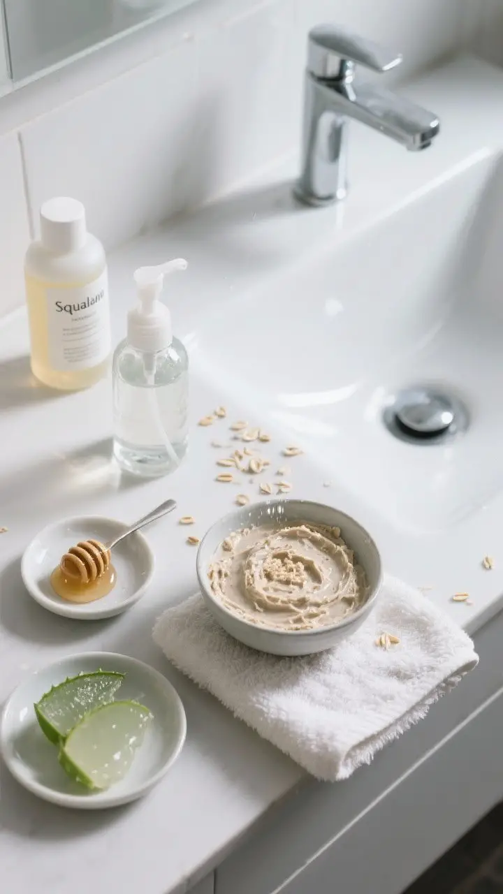 Process shot: Overhead view of a minimalist bathroom setup showing the oatmeal mask being applied to