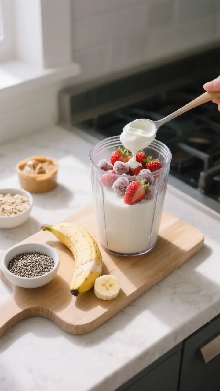 Process shot: Overhead view of a modern kitchen counter with natural morning light, showing the smoo
