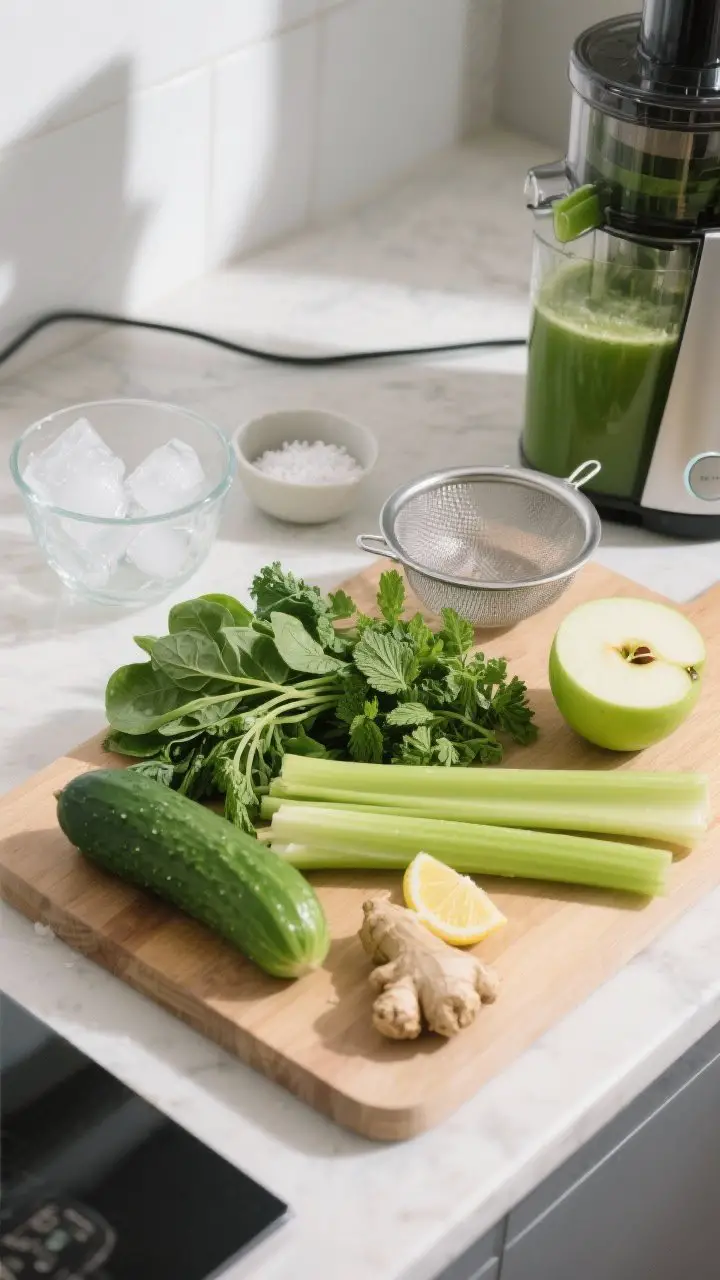 Process shot: Overhead view of a modern kitchen counter during green juice prep—washed cucumber, c