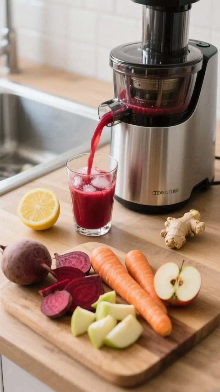 Process shot: Overhead view of a modern kitchen setup showing juicer in use with beet, carrot, and a