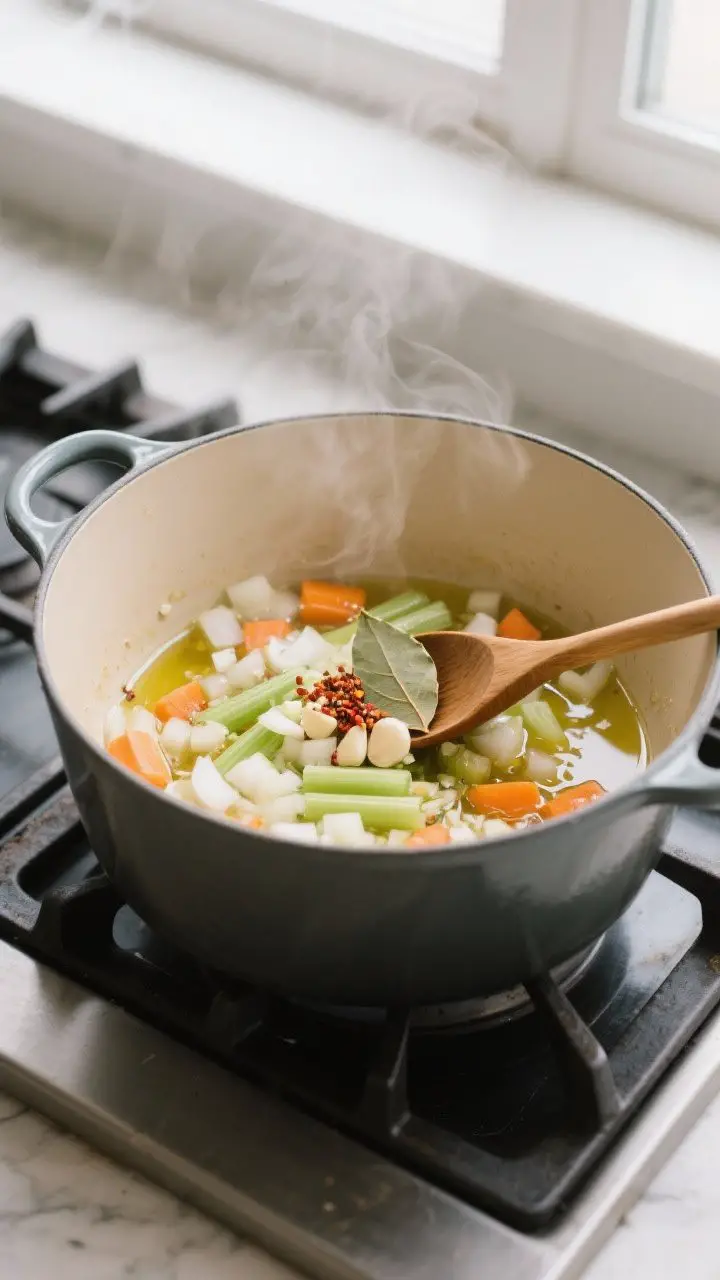 Process shot: Overhead view of a single large Dutch oven on a stovetop at medium heat with olive oil