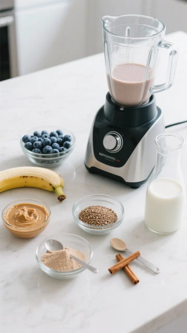 Process shot: Overhead view of ingredients arranged neatly around a high-speed blender on a clean ki