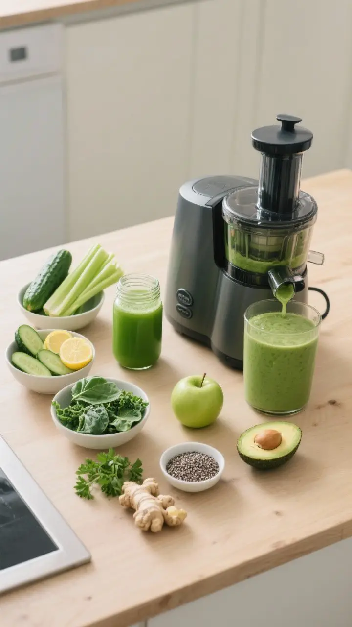 Process shot: Overhead wide view of a clean, modern kitchen setup showing a juicer and a blender sid