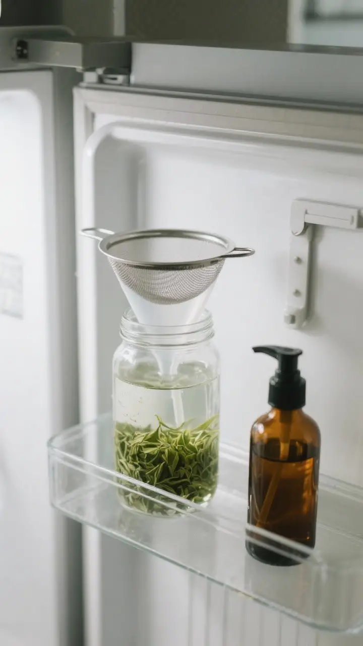 Process shot: Overhead wide view of a cold brew setup—loose-leaf green tea steeping in a clear jar