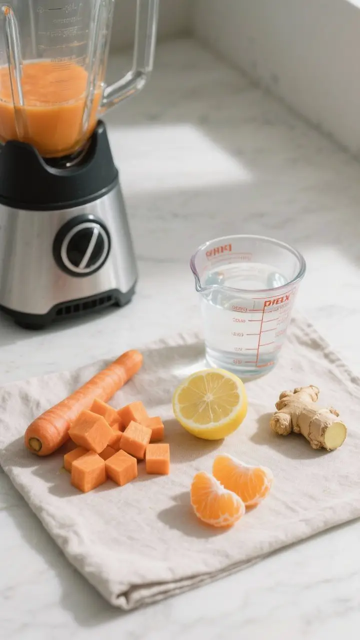 Process shot: Overhead wide view of a minimalist kitchen setup for the blender method—chopped 1-in