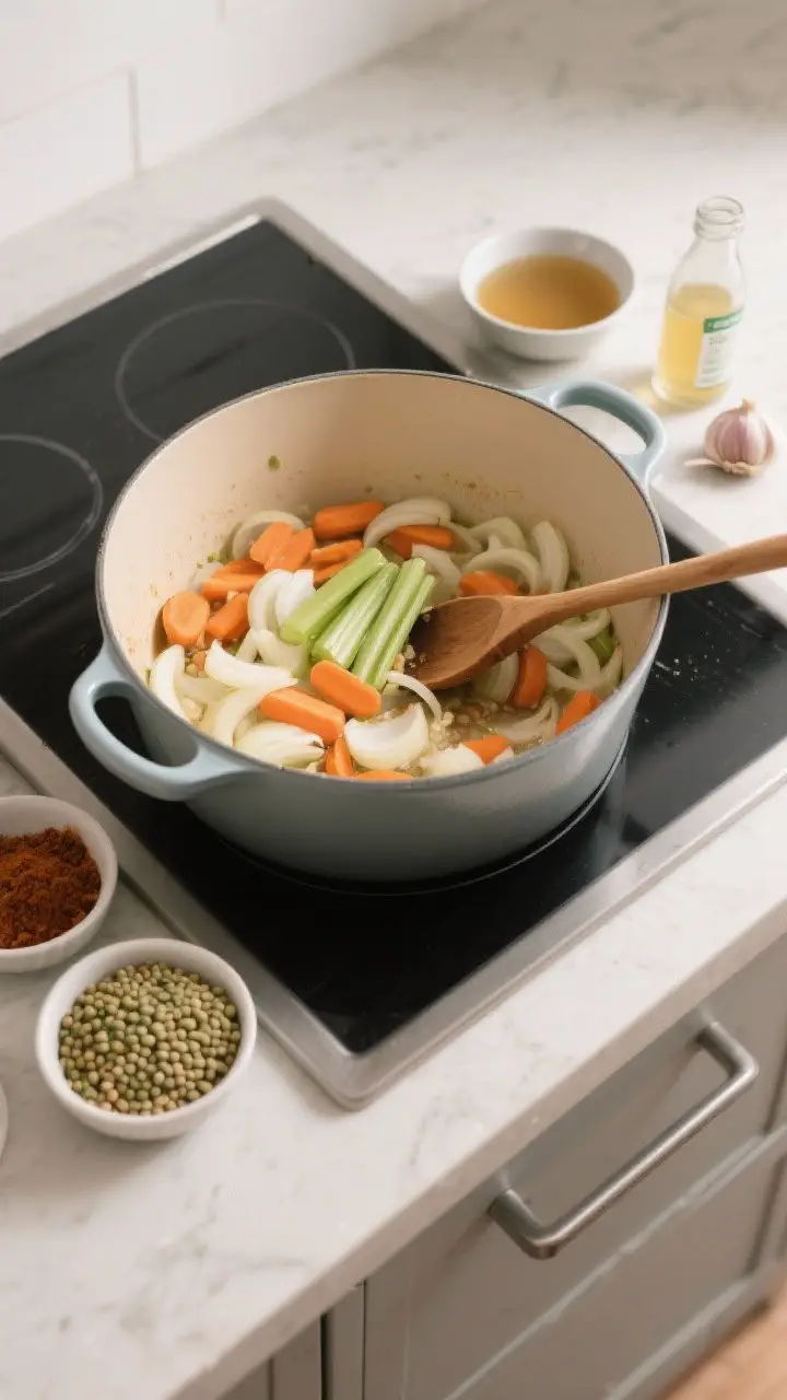 Process shot: Overhead wide view of a modern stovetop with a Dutch oven as onions, carrots, and cele