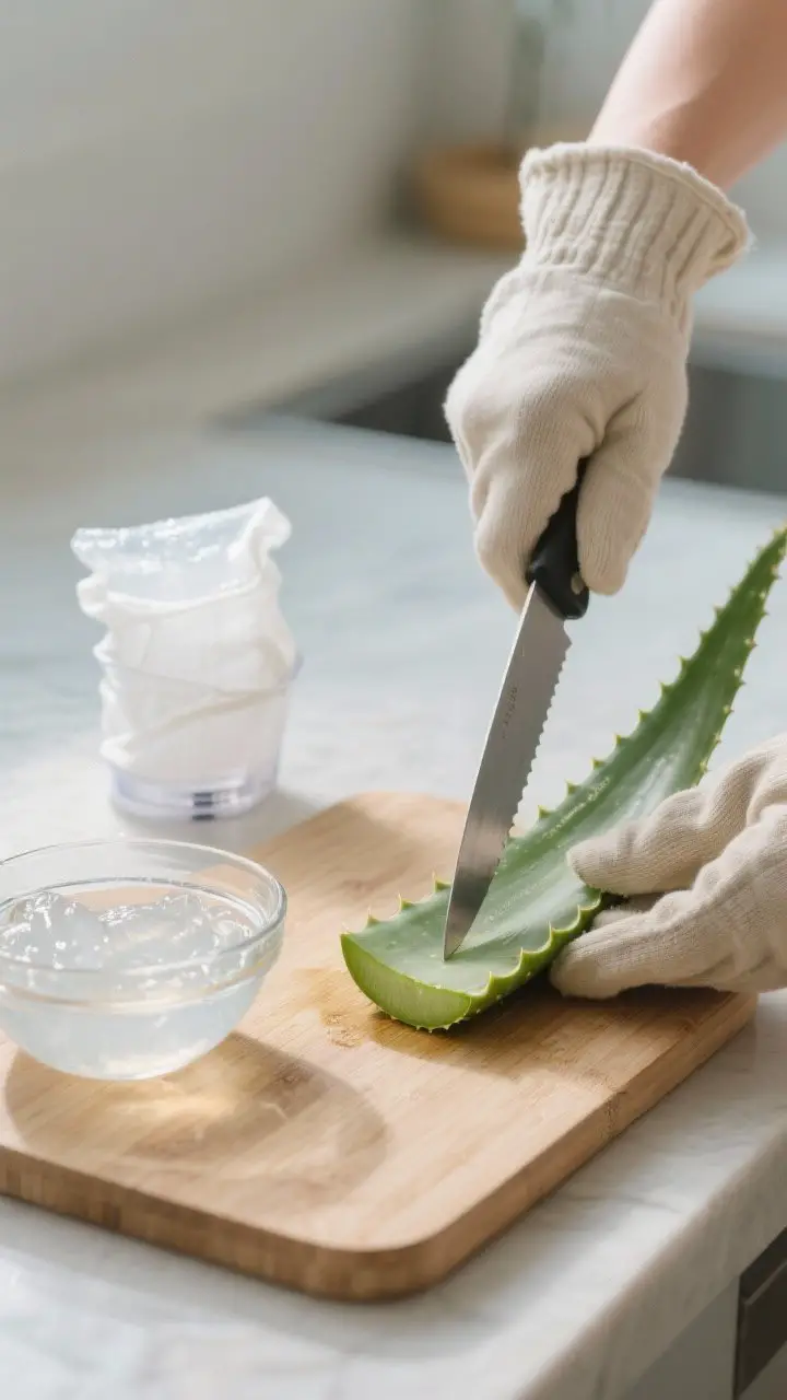 Process shot: Preparing DIY fresh aloe gel for sunburn relief—hands wearing neutral cotton gloves