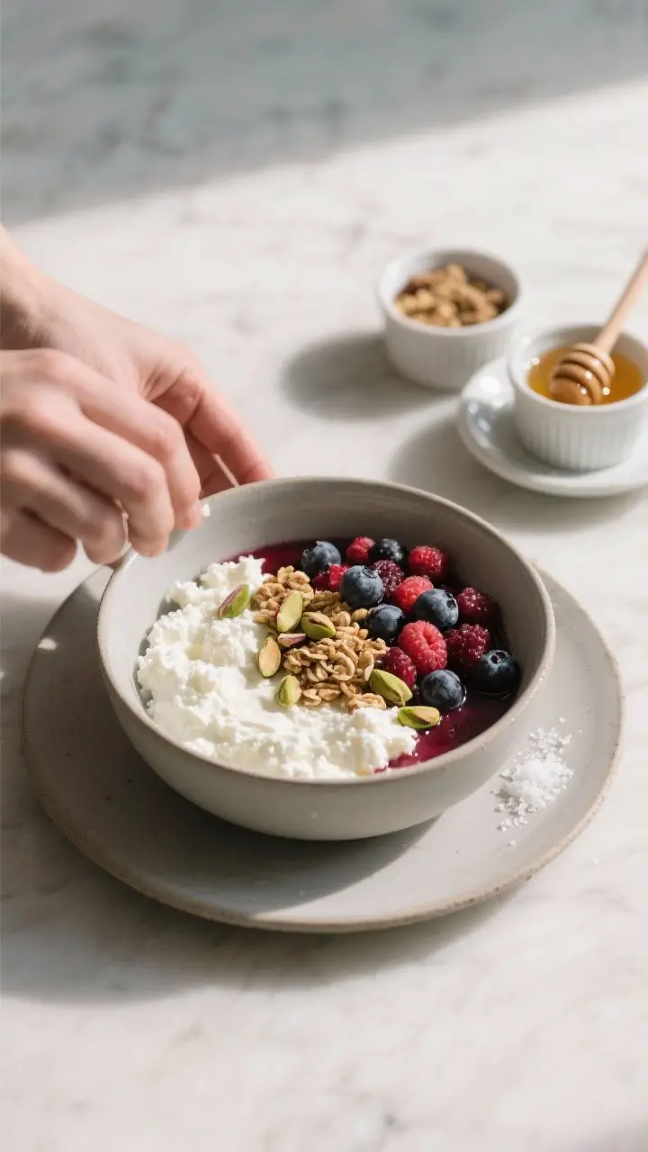 Process shot: The prepared bowl being assembled—cottage cheese already smoothed in a matte ceramic