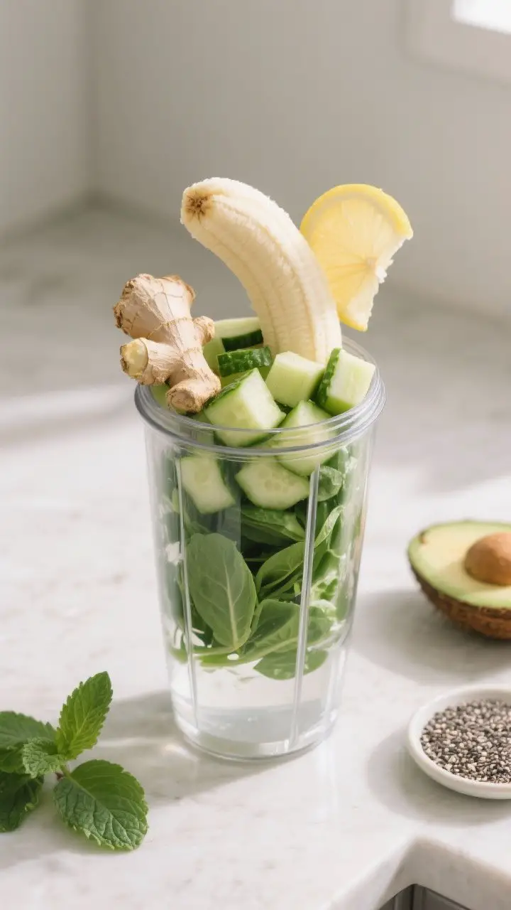 Process shot: Wide overhead view of a modern blender jar being filled in sequence—coconut water at