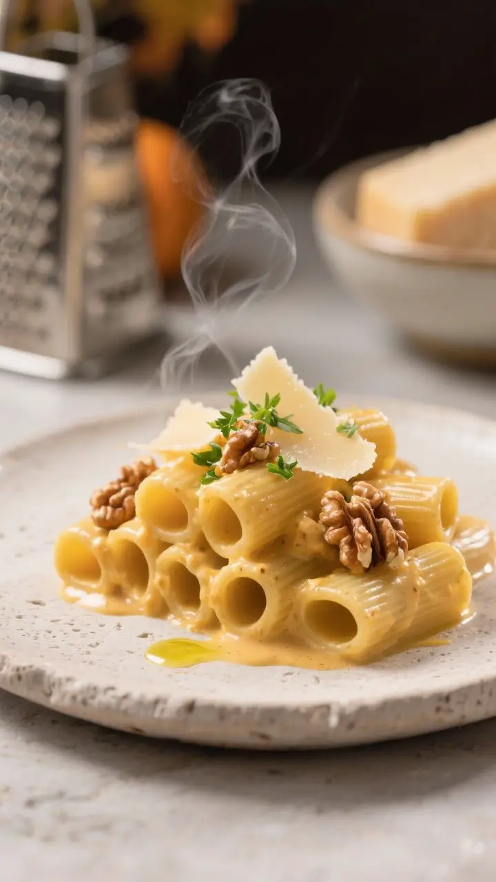 Restaurant-quality final presentation: Rigatoni in pumpkin Alfredo, sauce clinging inside the ridges